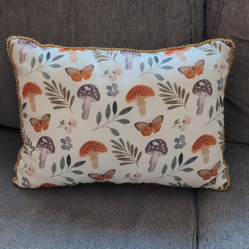 Decorative Pillow with Mushroom and Butterfly Design
